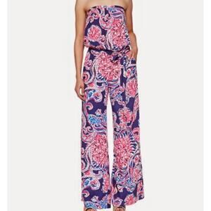 Lilly Pulitzer Jumpsuit Women's Large Farrah Strapless Wide Leg For The Halibut